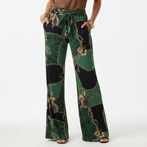 J & SKY Green & Black Print Palazzo Wide Leg High Foldover Waist Pants S